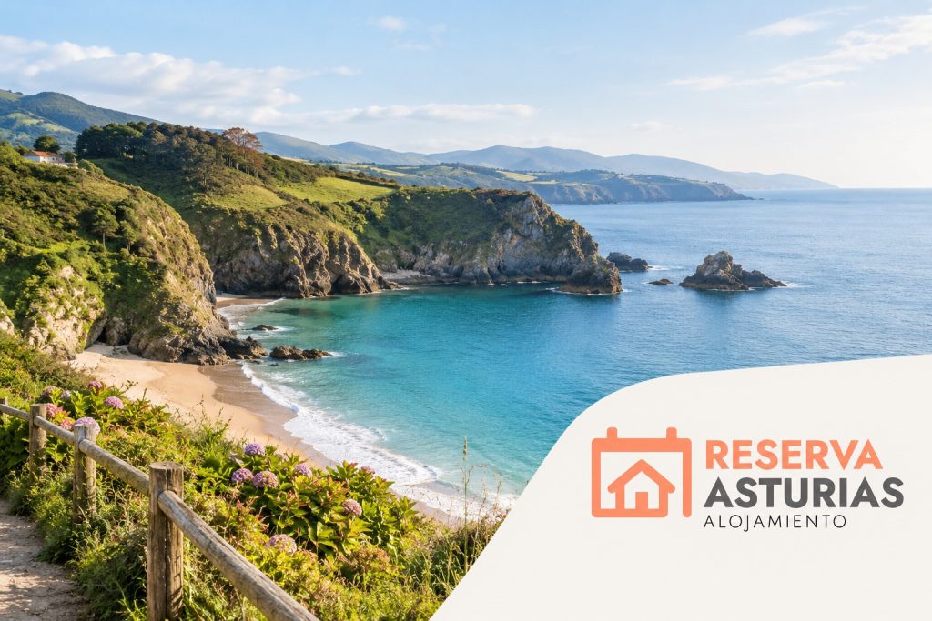 Paisaje de la costa asturiana con el logotipo de Reserva Asturias Alojamiento